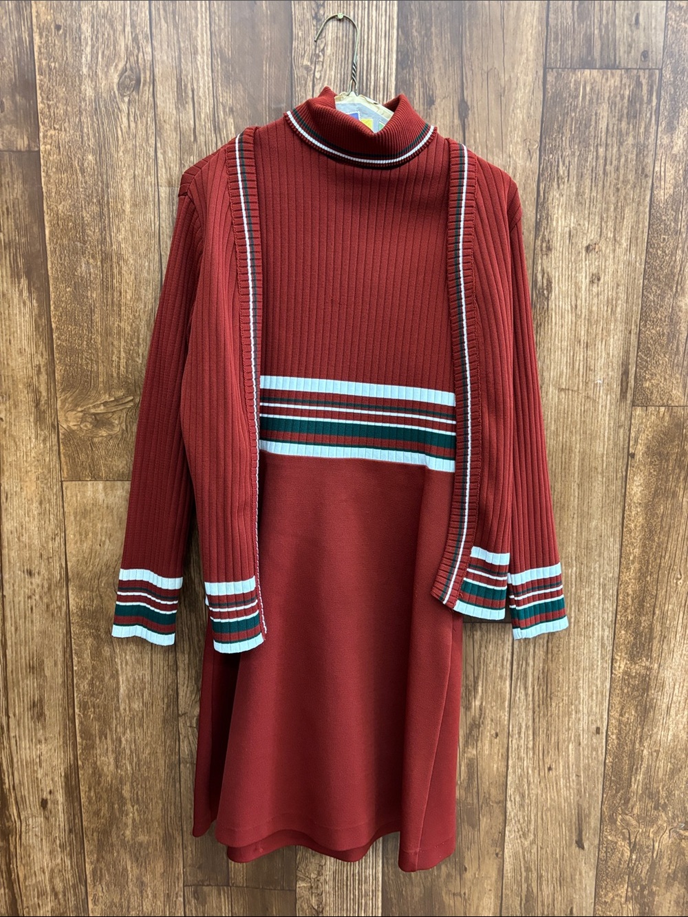 Rust Red Two-Piece Knit Dress Set with Stripe Detail